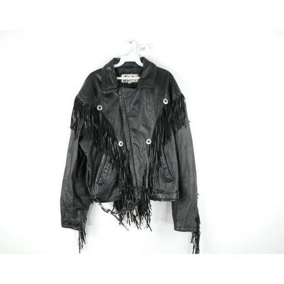 Vintage 80s Streetwear Distressed Fringed Leather Motorcycle Jacket Black